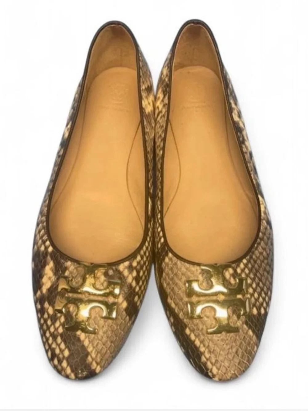 Tory Burch Georgia ballet flats, snake-printed leather, gold-toned logo plaque.